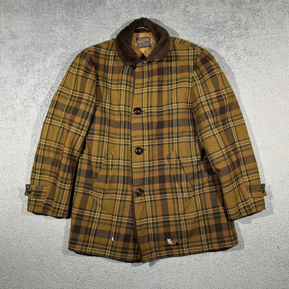 Vintage 90's Pendleton Wool Coat in Brown Plaid w Faux Fur Collar Men's Large